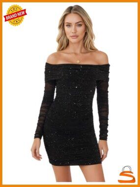 Sequin Mesh Off Shoulder Long Sleeve Ruched Mini Bodycon Dress